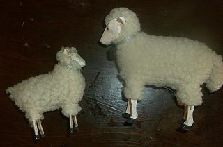 Two Wooden & Wool Sheep Figurines: Antique? Putz? Germany?
