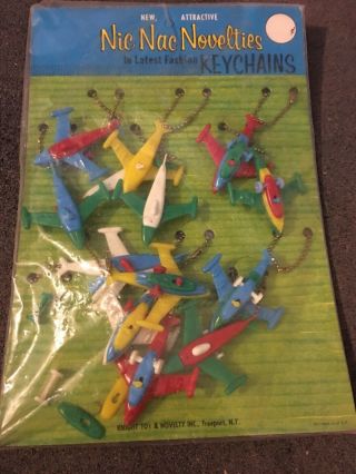 1960s Display Card Of Hard Plastic Airplane Key Chains 12 Total Store Stock "