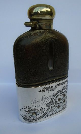 Great Antique Silver Plated Glass & Leather Arm Top Hip Flask