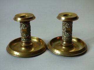 Pair Collectable Brass England Lion Dragon Shield Cartouche Candlestick Holders