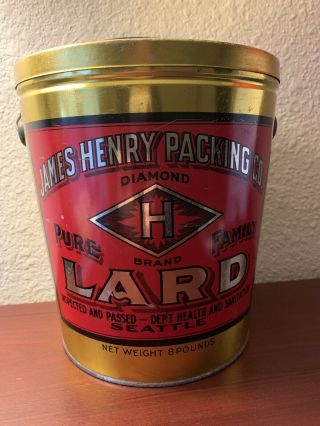 Vintage Lard Pail Tin James Henry Packing Co.  Seattle Wa.  Diamond H Brand 8 Lbs