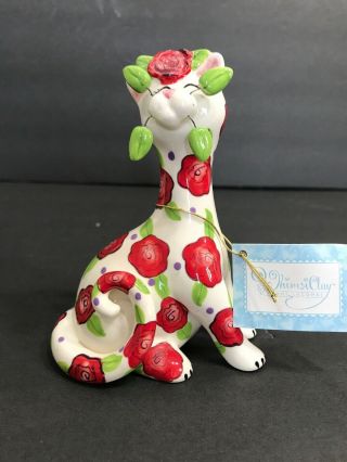 Whimsiclay By Amy Lacombe Cat Bud Vase Rosetta White With Roses 4.  75 Inches High