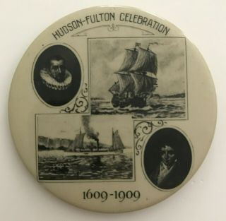 19o9 Hudson Fulton Tercentenary Celebration Celluloid Keystone Pocket Mirror Vf