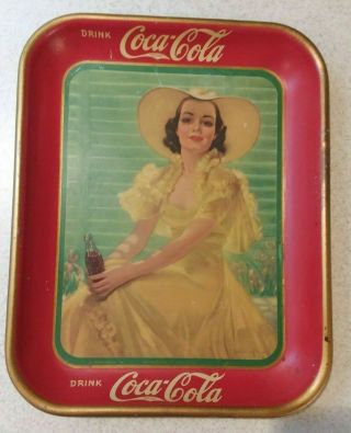 VTG.  RARE COCA - COLA SODA 1938 METAL SERVING TRAY AUTHENTIC COKE LADY IN YELLOW 2