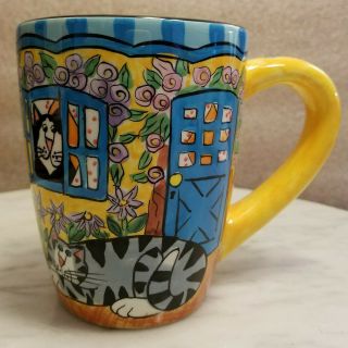 Catzilla Collectible Coffee Mug Candace Reiter Cats At Window Flowers 4.  5 " Tall