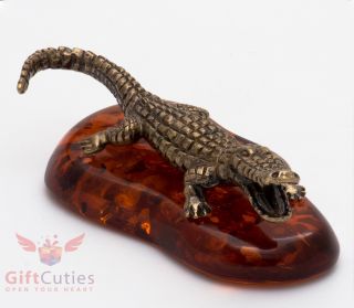 Solid Brass Amber Figurine Of Alligator Or Crocodile Ironwork
