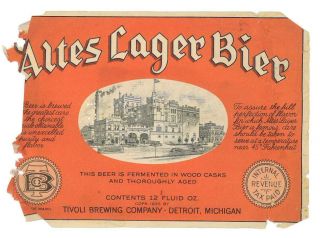 Altes Lager Bier Irtp Beer Label - Tivoli Brewing Company - Detroit Michigan