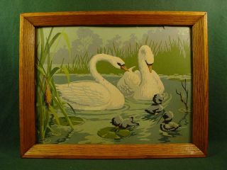 Vintage Mid Century Pbn Swans With Cygnets In Oak Frame 14x18 Paint By Number