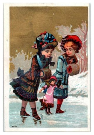 Two Girls Ice Skating With Their Doll,  Lion Coffee Victorian Trade Card