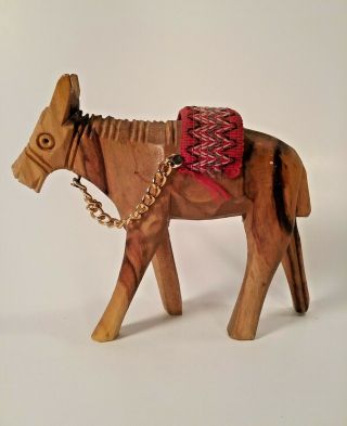 Vintage Wood Hand Carved Donkey Mule Figurine Wooden Craving Wool Saddle