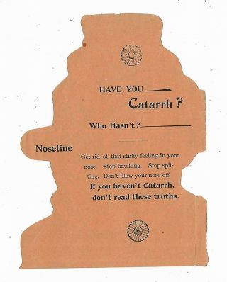 Old Die Cut Medicine Advertising NOSETINE Cure Catarrh Man LARGE Nose 2