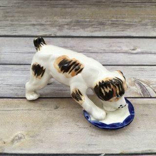 Vintage Occupied Japan Ceramic Dog Terrier Drinking From Bowl Figurine