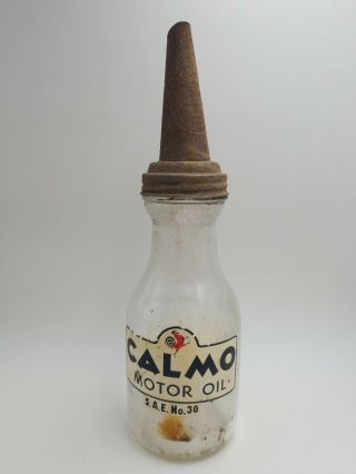 Vintage Antique 1qt Glass Bottle Calmo Motor Oil Can Gas