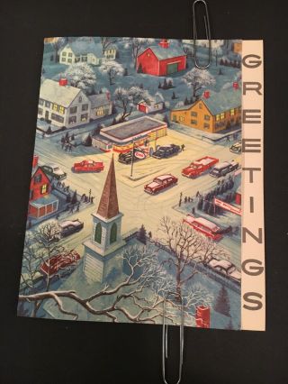 Vintage Esso Station 1955 Christmas Card Small Village Setting W/ Multiple Cars