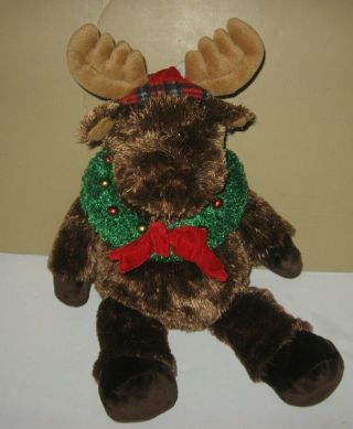 Gund Christmas Pals 18 " Chocolate Moose Plush W/ Green Wreath Around The Neck