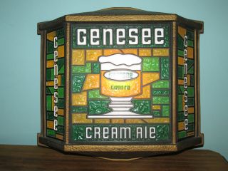 Vintage Genesee Cream Ale Stained Glass Look Light Up Sign Lighted Three Sided