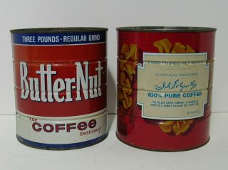 2 VINTAGE 3LB.  COFFEE CANS TINS FOLGERS ' S & BUTTER - NUT 2