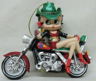 Betty Boop On A Motorcycle Cowboy Hat Red Glitter Bikini Christmas Ornament