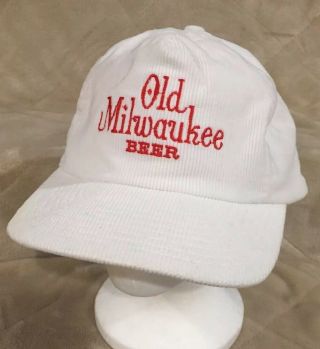 Vtg Old Milwaukee Beer Corduroy Adult Osfa White Strapback Hat Cap Pabst Lager