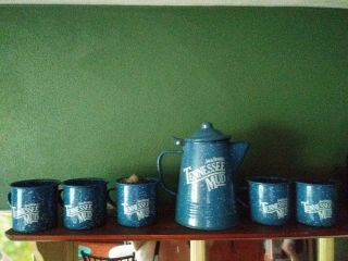 Jack Daniels Tennessee Mud Enamelware Blue Coffee Pot & 5 Mugs