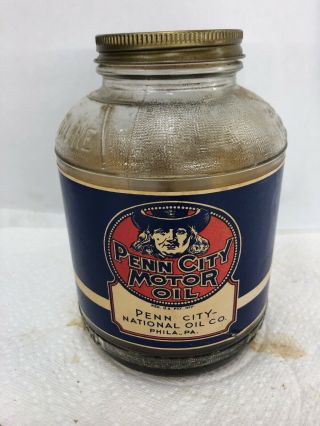 Rare Glass Penn City National War Time Motor Oil Can Quart Paper Label Bottle