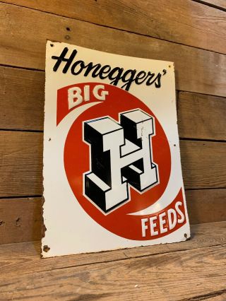 Honeggers Big H Feeds Embossed Tin Sign Farm Cow Pig Vintage 1950s Old