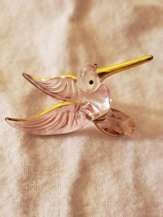 Gold Pink Hummingbird Figurine Blown Glass Art Animal Bird Miniature