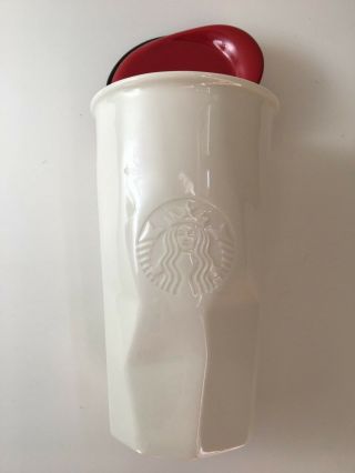 Starbucks White Geometric travel tumbler red lid ceramic faceted 2
