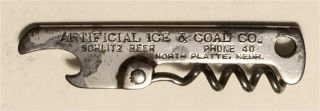 1930s Schlitz Beer Ice & Coal Co North Platte Ne Corkscrew Bottle Opener B - 13 - 38