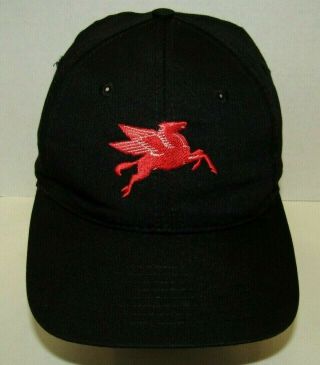 Vintage Nissin Mobil Pegasus Logo Oil Gas Black Snap Back Baseball Hat Cap