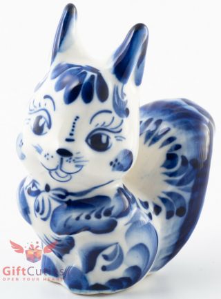 Porcelain Gzhel Squirrel Figurine Souvenir Gzhel Colors Handmade Handpainted