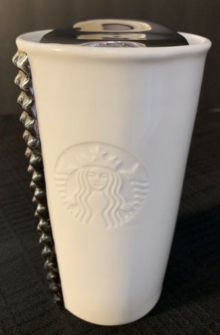Starbucks 2014 White Ceramic Tumbler Silver Tone Studs & Lid Coffee 10 Oz