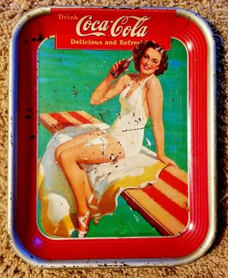 Vtg 1939 Coca Cola Diving Board Pin Up Girl Advertising Metal Tray Coke