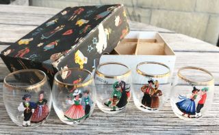 Austrian Vintage Shot Glasses.  Hand Painted Traditional Costume X 5