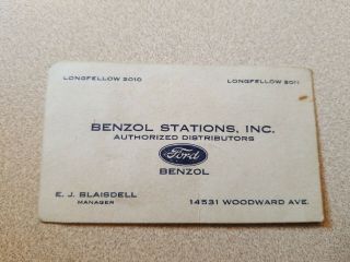 Vintage Business Card Benzol Stations Inc.  Ford Benzol Gas