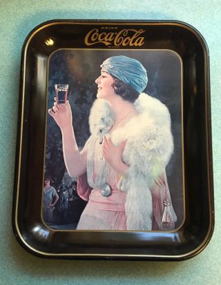 Vintage Coca - Cola Metal Tray,  1920’s Woman With Fox Fur Holding Coke,  10 " X 13 "