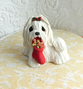 Maltese With Stocking Of Treats Hand Sculpted Polymer Clay By Raquel Thewrc