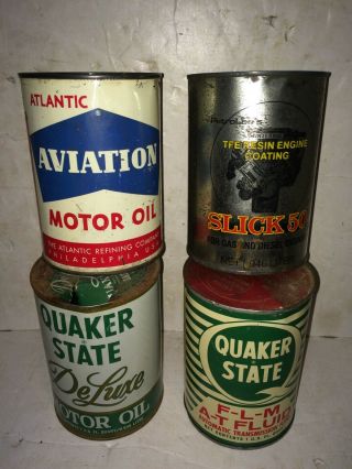4 Vintage 50s - 80s Metal Motor Oil Quart Cans,  Atlantic Aviation,  Quaker State