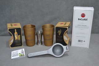 2x Bacardi Cuba Libre Gold Tin Cup Mug 1x Spirit Measure Jigger 1x Lime Squeezer