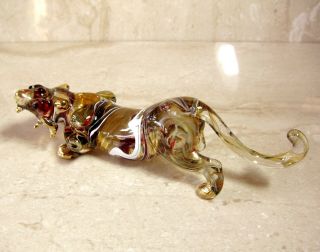 Crouching Amber Tiger Figurine Hand Blown Art Glass Decoration 5 Inches Gift