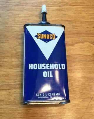 Vtg 1960s Sunoco Household Oil 4 Oz Can Handy Oiler Tin W/ Gas Pump Rear Graphic