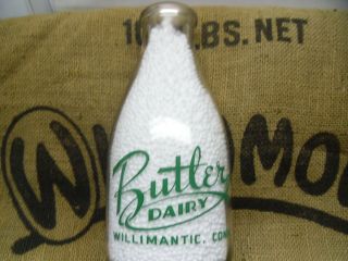 E45 Butler Dairy Round Pyro Quart Dairy Milk Bottle.  Willimantic,  Conn.