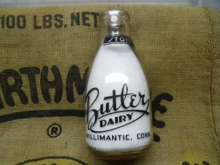 1952 Butler Dairy Round Pyro Quart Dairy Milk Bottle.  Willimantic,  Conn.