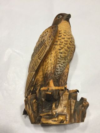 Vtg Carved Wood Figure Perigean Falcon Hawk Perched On Ledge 5”