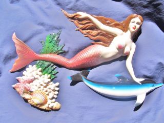 Mermaid And Dolphin Swimming In The Coral Reef Tropical Fantasy Wall Plaque (s)