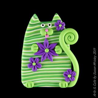 Green Lime - Green Tabby Kitty Cat & Purple Flower Pin - Swris