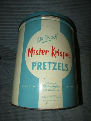 Very Rare Vintage Advertising Tin Can Mister Krispee Pretzels Runnedmede Nj