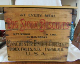 Vintage Big Sioux Biscuits Wood Box Manchester Biscuit Company Fargo Nd Sd