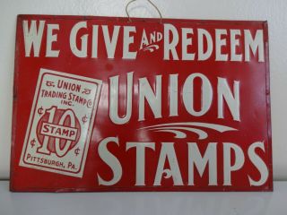 Metal Union Trading Stamp Company Embossed Double Sided Tin Sign