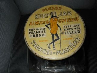 Vintage Embossed 1940 Glass Planters Peanuts Advertising Display Jar w/ Lid 2